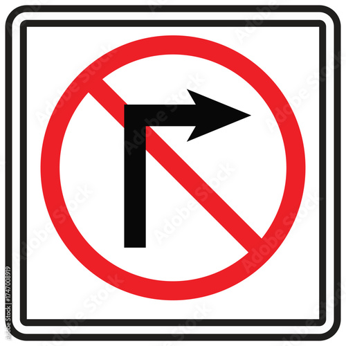 Traffic sign prohibiting right turns in square border red circle and slash vector
