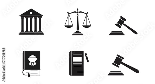 Law and justice symbols including courthouse scales gavel and law books