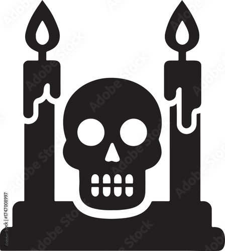 Mystical candle and skull altar scene vector illustration perfect for Halloween and gothic designs.