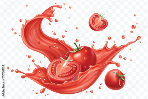abstract 3d red tomato juice or ketchup sauce splashes in different style isolated on transparent background