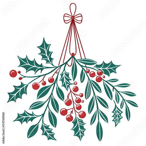 Christmas mistletoe and holly branch vector icon berries