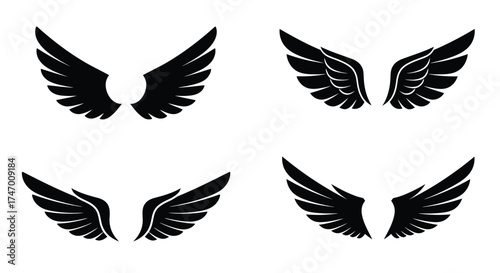 Four black wing designs displayed on a plain white background