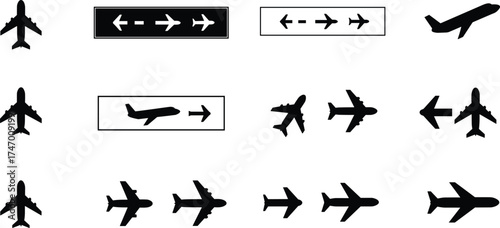 Airplane and Directional Arrow Icons in Varied Orientations and Frames — Aviation Vector Set for Travel, Navigation, and Transportation Design Projects