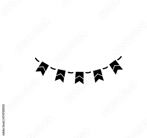 Festive garland banner with small flags line art. Simple Christmas decoration element representing joy, celebration, and togetherness. 