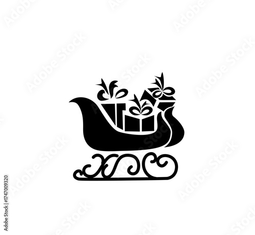 Sleigh with Christmas gifts line art, minimalist Santa sleigh illustration for winter holiday design and festive decoration.