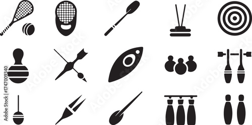 Silhouette icons representing various sports activities and recreational games equipment design