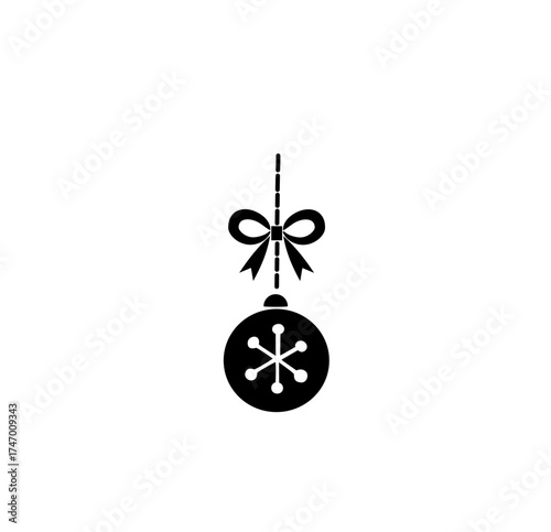 Minimal Christmas ornament ball with bow, elegant line art holiday decoration, simple festive hanging bauble illustration.