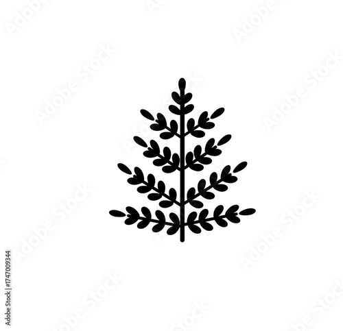 Simple Christmas tree branch line art, minimalist hand-drawn pine leaf symbol for winter holiday, elegant festive illustration.