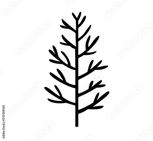Simple pine tree line art illustration, minimalist evergreen silhouette for winter holiday, Christmas nature symbol in modern outline style.