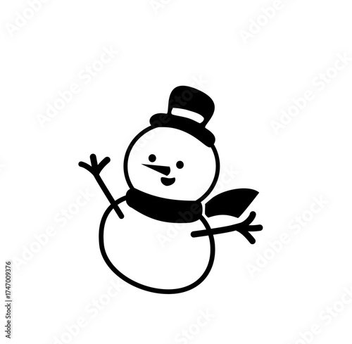 Cute snowman line art illustration, minimalist winter holiday character with scarf and hat, joyful Christmas decoration element.