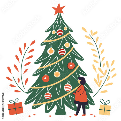 Christmas tree decorated with ornaments and a person