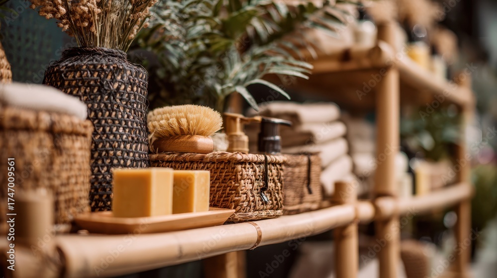 Fototapeta premium Medium shot of a bamboo retail display stand featuring ecoconscious products with natural textures in sharp focus soft blurred background emphasizing sustainable materials.