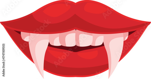 Red lips showing vampire fangs biting for halloween party
