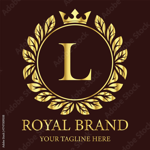 Elegant royal brand L logo with golden crown and laurel wreath design on dark luxury background