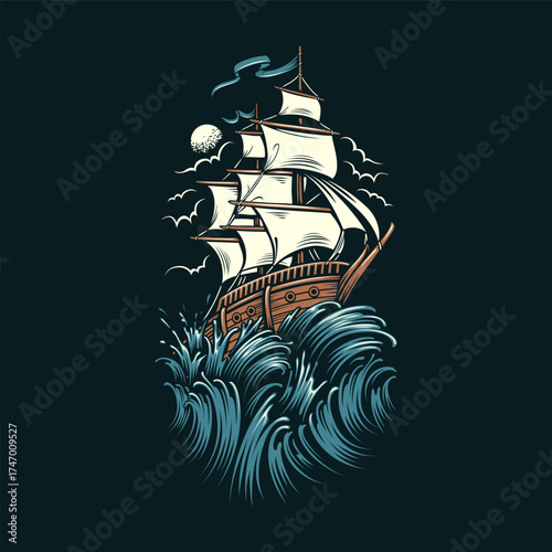 Nautical design vector illustration of a sailing ship on the ocean water