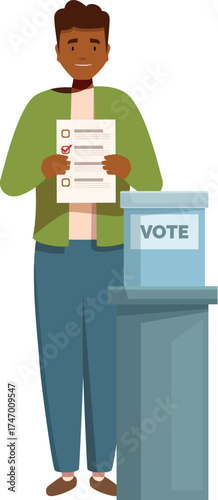 Voter holding ballot paper near box at polling station during elections