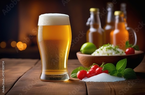 a glass of beer, delicious food, a bar. Beer festival. Oktoberfest. Folklore festival in Germany.