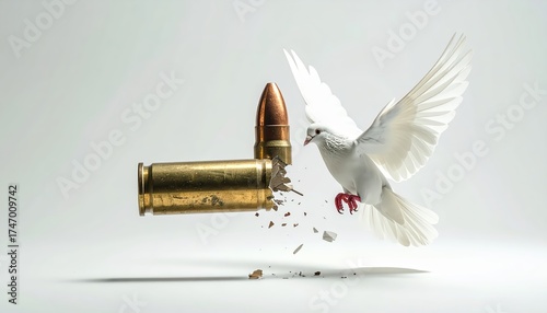 A pure white dove of peace flies next to shells and cartridges on a white background. AI generated.