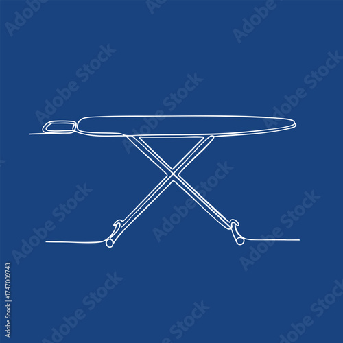 Minimalist line art of a modern ironing board with a smooth oval and sleek crossed legs on a solid