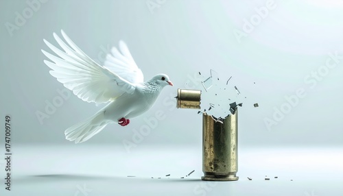 A pure white dove of peace flies next to shells and cartridges on a blue background. AI generated.