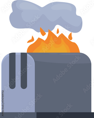 Smoke and fire billowing from a burning toaster, illustrating a kitchen hazard