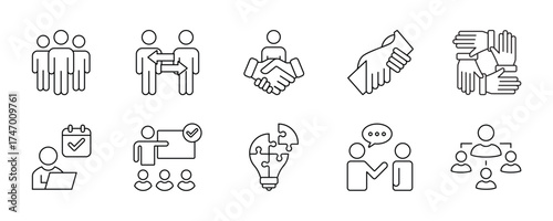 Business People icon set. Office and teamwork related line icons. manager, employee, meeting, leadership, handshake, corporate, communication, collaboration, success and more. Editable stroke.