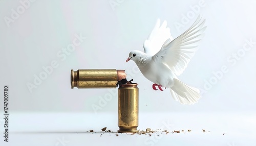 A pure white dove of peace flies next to spent gun casings against a light background. AI-generated.