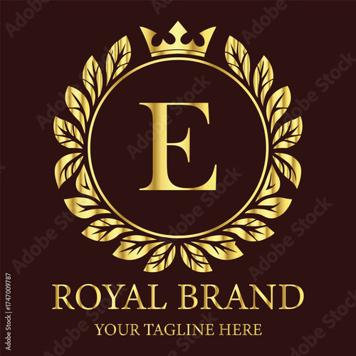 Elegant royal brand E logo with golden crown and laurel wreath design on dark luxury background