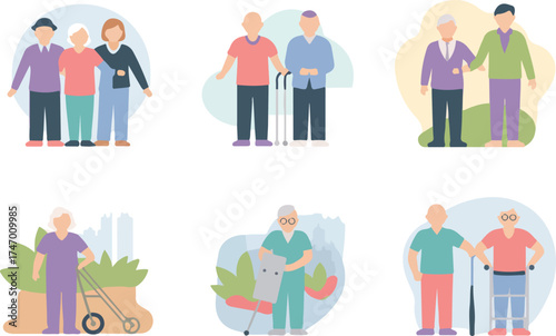 Vector illustration collection of elderly people in various activities and assisted support