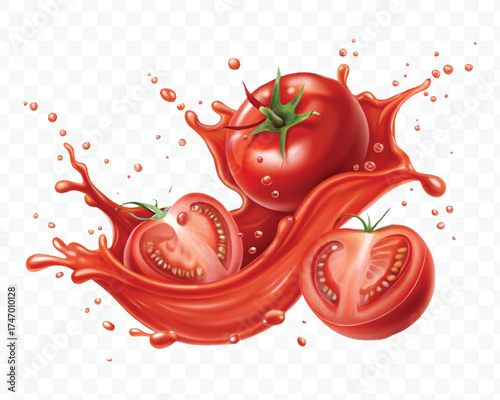 abstract 3d red tomato juice or ketchup sauce splashes in different style isolated on transparent background