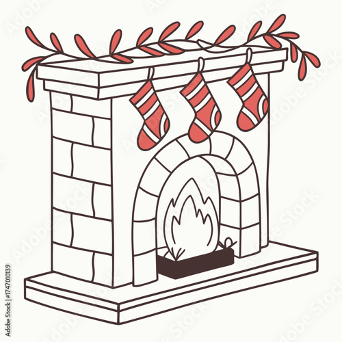 Cozy fireplace with red stockings and festive garland
