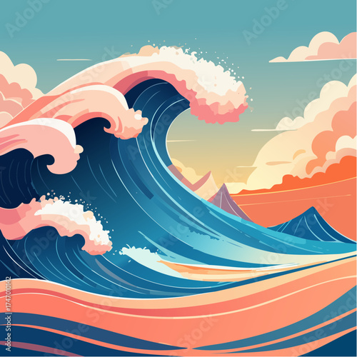 Ocean wave crashing on shore with sunset sky