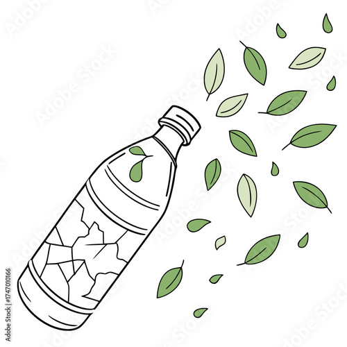 Cracked plastic bottle releasing green leaves and droplets