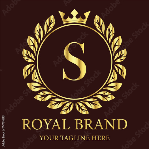 Elegant royal brand S logo with golden crown and laurel wreath design on dark luxury background