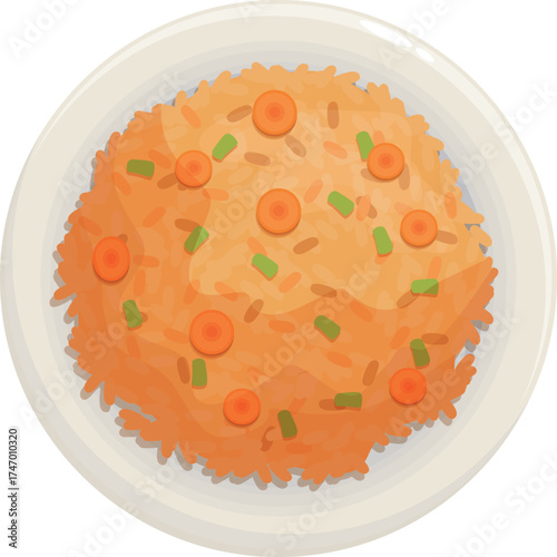 Steaming pilaf garnished with fresh carrots and herbs, served on a clean white plate