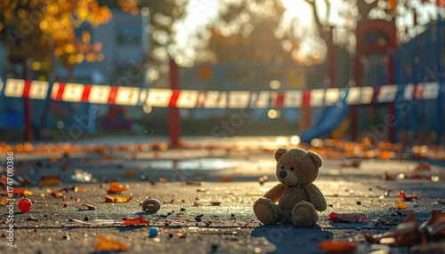 A child's teddy bear sits against the backdrop of a playground destroyed after the war. AI-generated.