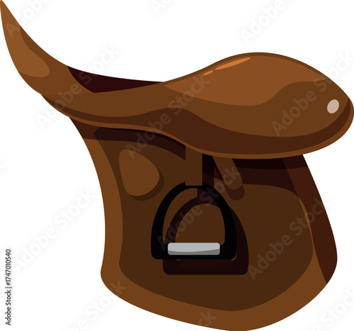 Classic horse saddle featuring stirrup iron, seat, and cantle, representing equestrian equipment and horseback riding