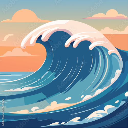 Ocean wave crashing at sunset with vibrant sky