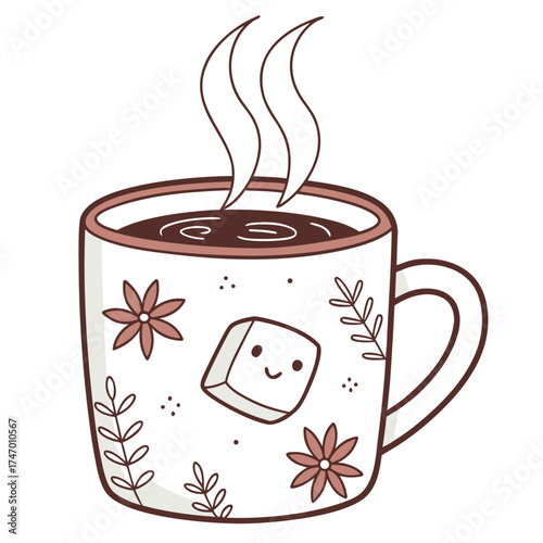 Cute marshmallow in hot chocolate mug with steam and floral pattern