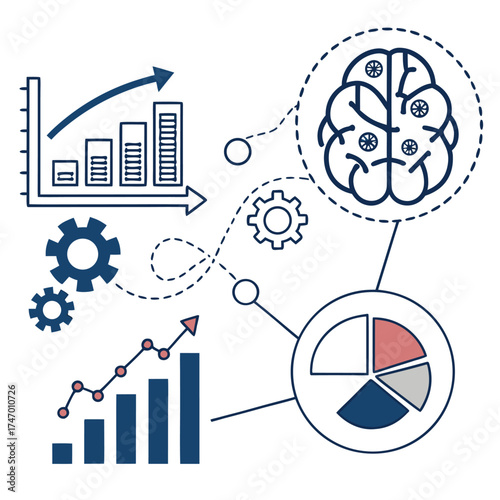 Blue statistical analysis shows a growing trend connected with a brain gear on transparent background