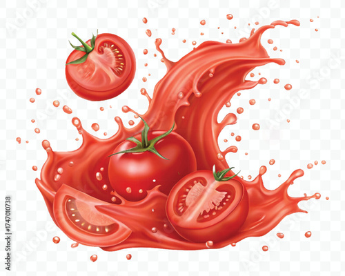 abstract 3d red tomato juice or ketchup sauce splashes in different style isolated on transparent background