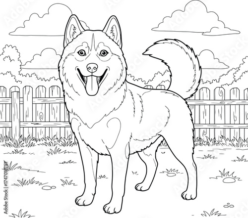 Cute Siberian Husky Dog Coloring Page for Kids; Happy Puppy Outline  in the Backyard Garden or Sunny Park