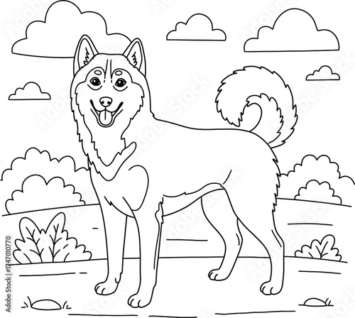 Cute Siberian Husky Dog Coloring Page for Kids; Happy Puppy Outline  in the Backyard Garden or Sunny Park