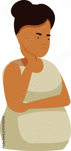 Thoughtful plus size woman holding chin, reflecting with a serious expression
