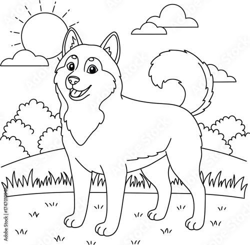 Cute Siberian Husky Dog Coloring Page for Kids; Happy Puppy Outline  in the Backyard Garden or Sunny Park