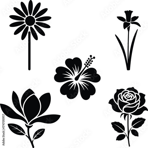 Collection of five different stylized flower silhouettes for design and craft projects