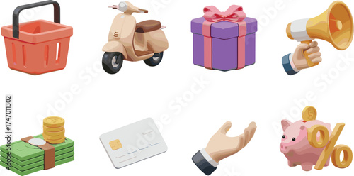 Cartoon Finance and Shopping Icons Set Featuring Piggy Bank, Credit Card, Gift Box, Megaphone, Scooter, Money Stack, Basket, and Open Hand