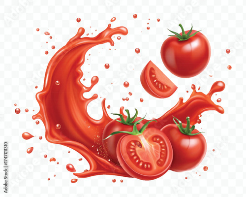 abstract 3d red tomato juice or ketchup sauce splashes in different style isolated on transparent background