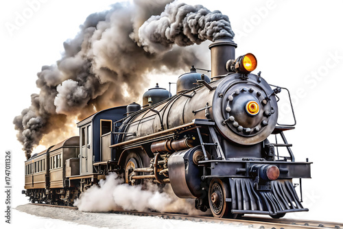 A vintage steam train puffing smoke as it travels down the railroad tracks, isolated on transparent background.png