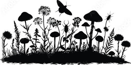 Mushroom insect wildflower silhouette, black and white nature scene, forest botanical illustration, meadow fungi sketch, entomology clipart